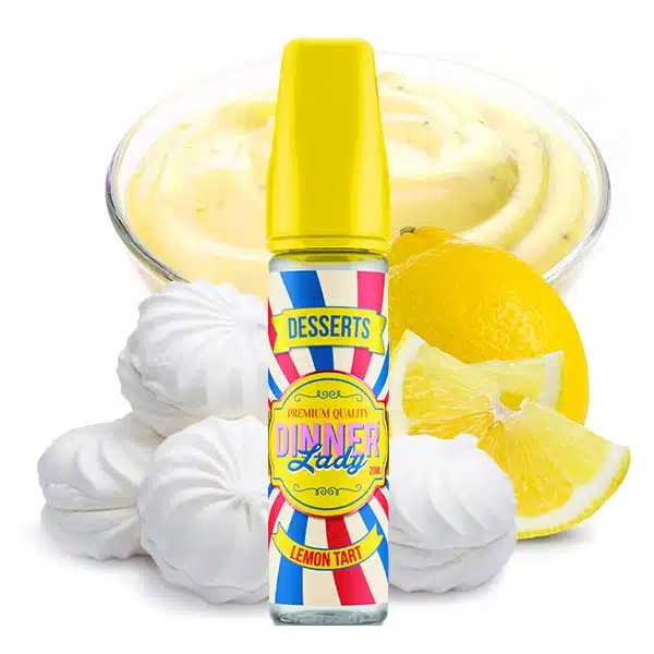 Dinner Lady Lemon Tart Aroma – Flasche mit Zitronentarte, Baiser und Zitronenscheiben im Hintergrund.