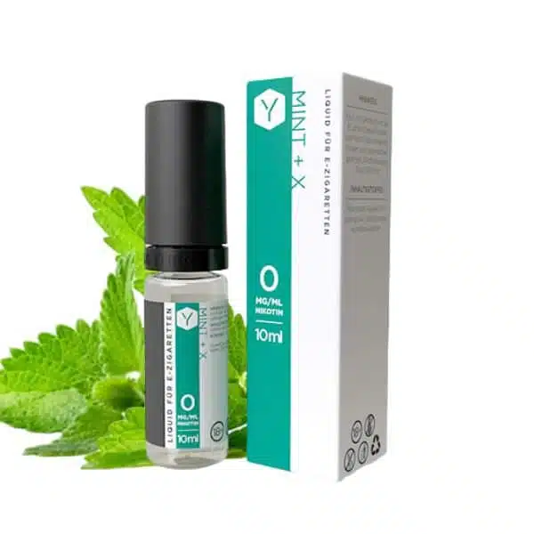 YNDEN Mint + X Liquid 10 ml Flasche und Verpackung vor frischen Minzblättern.