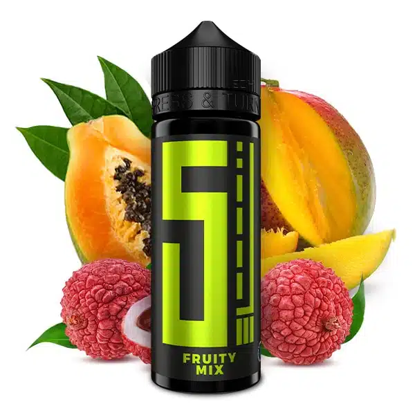 5 EL Blue Series Aroma Fruity Mix – Flasche mit Lychee, Mango und Papaya im Hintergrund