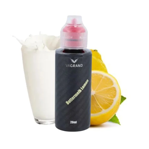 Vagrand Aroma Bottermelk Lemon mit einem Glas Buttermilch und Zitronenhälften