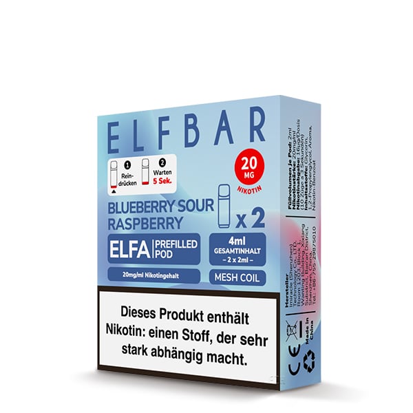 2er-Packung ElfBar ELFA Prefilled Ersatz Pod Blueberry Sour Raspberry