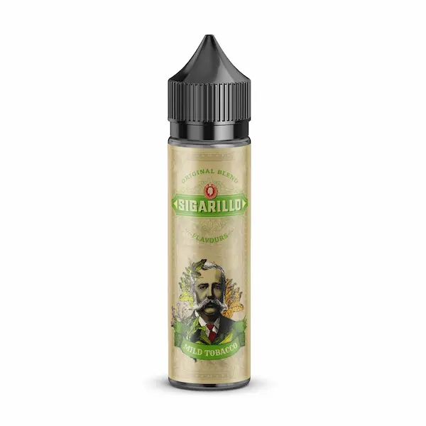 Flasche Sigarillo Mild Tobacco Aroma – E-Liquid im 60ml Design mit schwarzem Tropfverschluss und klassischem Vintage-Etikett