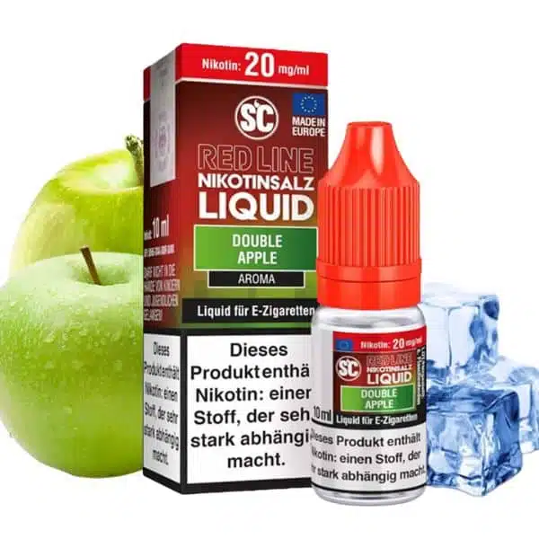 SC Red Line Double Apple Nikotinsalz Liquid mit Äpfeln und Eiswürfeln vor der Verpackung