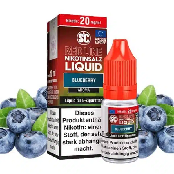 SC Red Line Blueberry Nikotinsalz Liquid 10ml Flasche mit rotem Deckel, Umverpackung und frischen Blaubeeren im Hintergrund