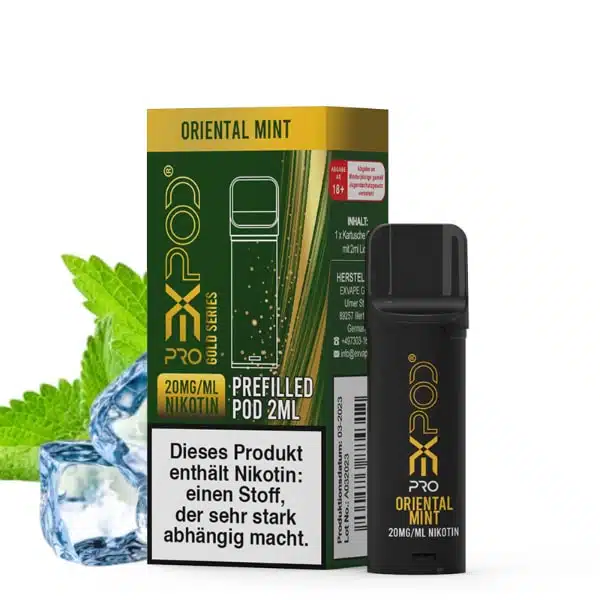 EXPOD Pro Pod Oriental Mint mit Verpackung, Eiswürfeln und Minzblättern im Hintergrund