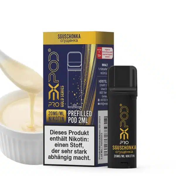 EXPOD Pro Pod Sguschonka mit Verpackung und Pod vor Dessert-Schale mit gezuckerter Kondensmilch