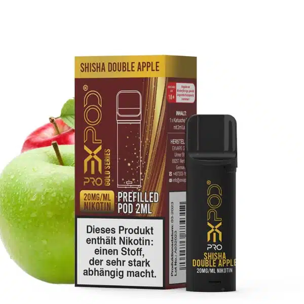 EXPOD Pro Pod Shisha Double Apple mit Verpackung, Pod und roten sowie grünen Äpfeln im Hintergrund