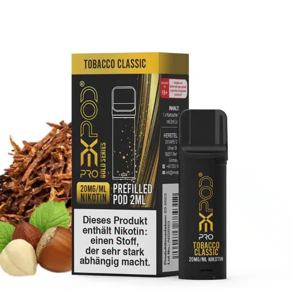 EXPOD Pro Pod Tobacco Classic vor Verpackung mit Tabakaroma und Nuss-Illustration