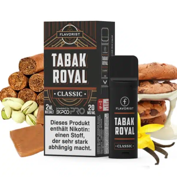 Flavorist Tabak Royal Pod Classic mit 2ml Nikotinsalz Liquid – Tabakgeschmack mit Vanille, Karamell und Pistazie