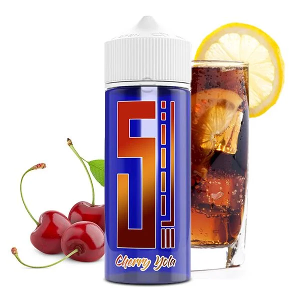 5 EL Blue Series Aroma Cherry Yola – Flasche mit Kirschen und Cola mit Zitrone im Hintergrund