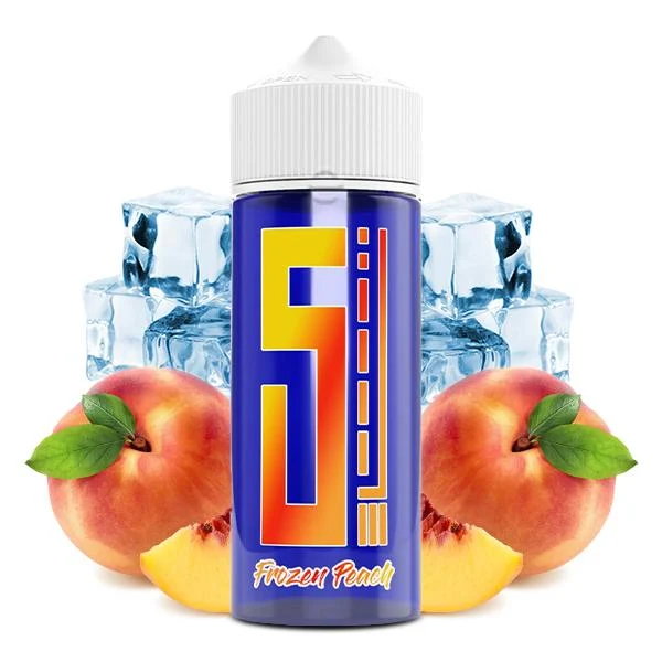 5 EL Blue Series Aroma Frozen Peach Ice – Flasche mit eisgekühlten Pfirsichstücken im Hintergrund