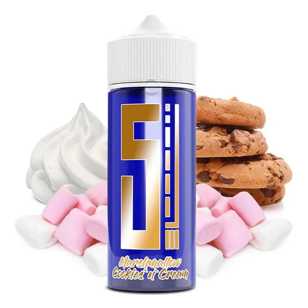 5 EL Blue Series Aroma Marshmallow Cookie & Cream – Flasche mit Keks, Marshmallows und Creme-Dessert im Hintergrund