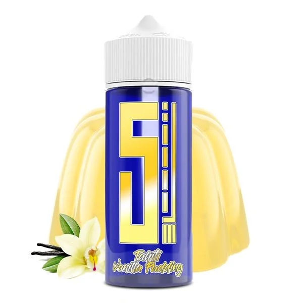 5 EL Blue Series Aroma Tahiti Vanilla Pudding – Flasche mit Vanilleblüte und Vanillepudding im Hintergrund