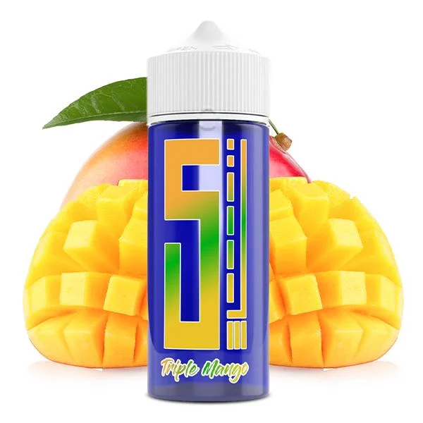 5 EL Blue Series Aroma Triple Mango – Flasche mit Mangostücken im tropischen Stil
