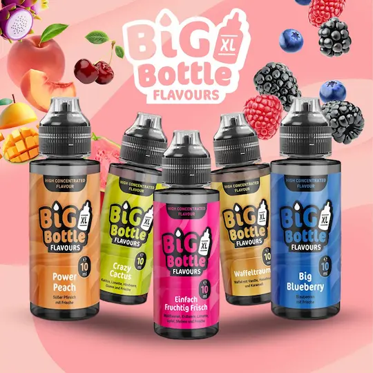 Banner mit Big Bottle Longfill Aromen und Früchten