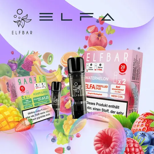 Banner mit Elfbar ELFA Pods und Früchte