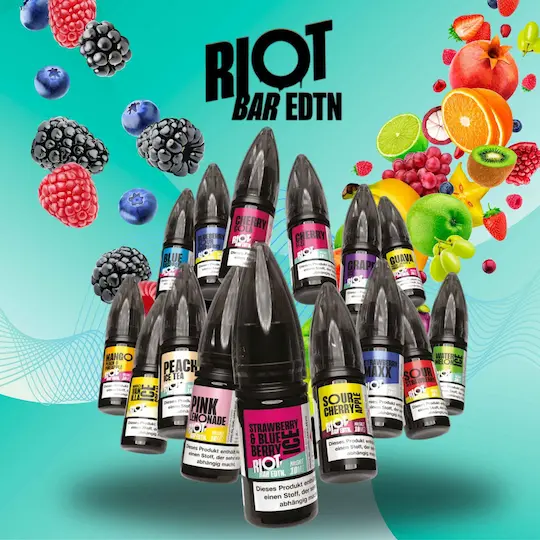Banner mit RIOT Bar Liquidflaschen und Früchten