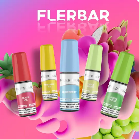 Banner über Flerbar Liquids mit vielen Liquidflaschen und Früchten