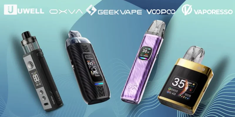 Banner mit E-Zigaretten und Pod Systeme verschiedener Hersteller