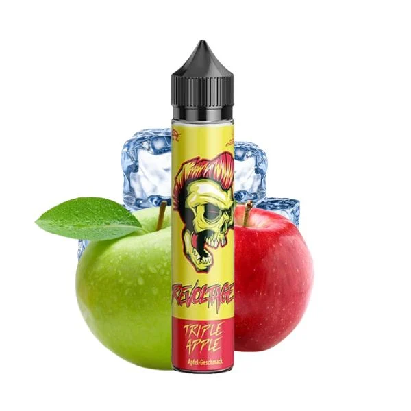 Flasche Revoltage Aroma Triple Apple mit grün-roten Äpfeln und kühlenden Eiswürfeln