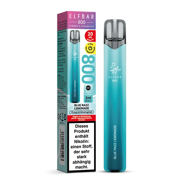 ElfBar 800 Blue Razz Lemonade Vape neben der Originalverpackung in Türkis und Pink.