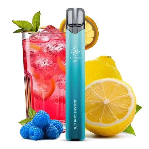 ElfBar 800 Blue Razz Lemonade Vape mit Blaubeeren, Zitronenscheiben und Pink Lemonade im Hintergrund.