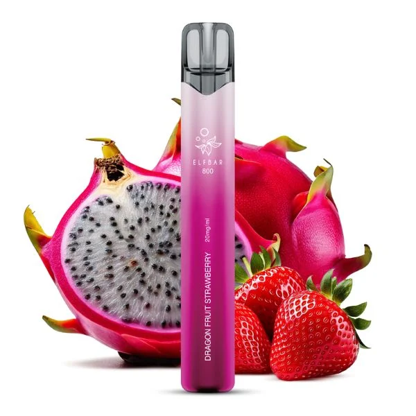 ElfBar 800 Dragon Fruit Strawberry – Einweg E-Zigarette mit Pitahaya und Erdbeeren im Hintergrund