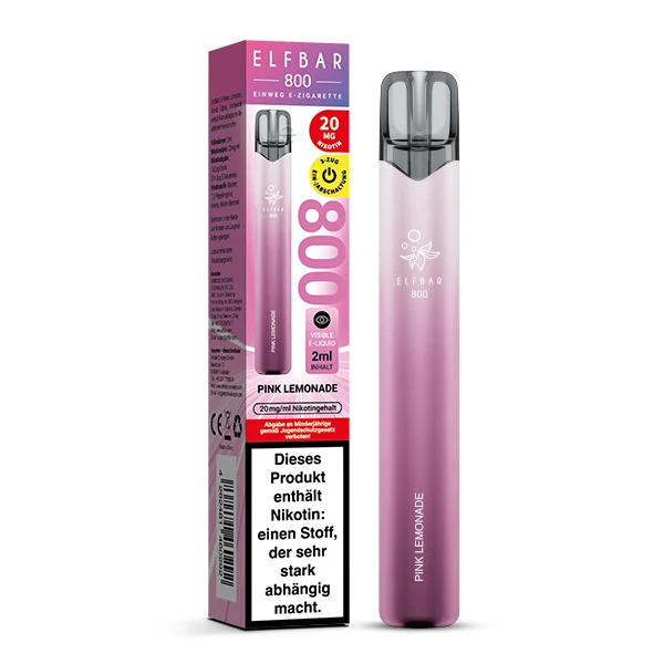ElfBar 800 Pink Lemonade Vape mit originaler Verpackung und 20 mg Nikotinangabe.