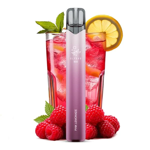 ElfBar 800 Pink Lemonade Vape vor Himbeeren und einem Glas Pink Lemonade mit Zitronenscheibe