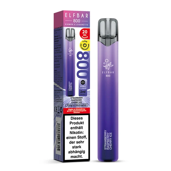 ElfBar 800 Strawberry Raspberry Cherry Ice Vape mit Originalverpackung, daneben fruchtige Beerensorten.