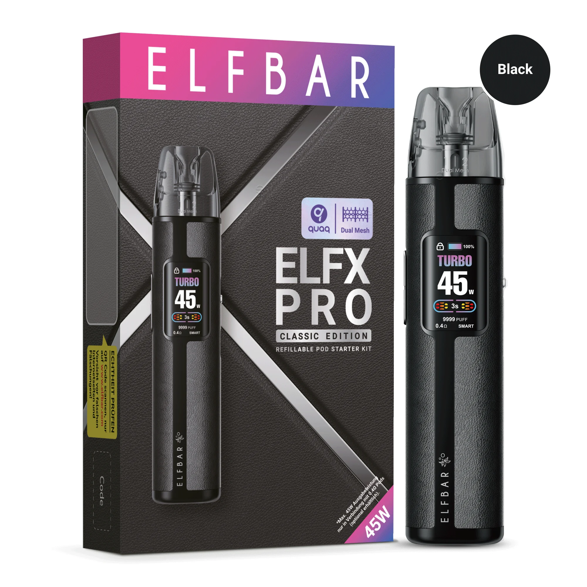 ElfBar ELFX Pro Pod Kit in Schwarz mit Originalverpackung – 45 Watt Leistung, Farbdisplay und QUAQ Mesh Coil.
