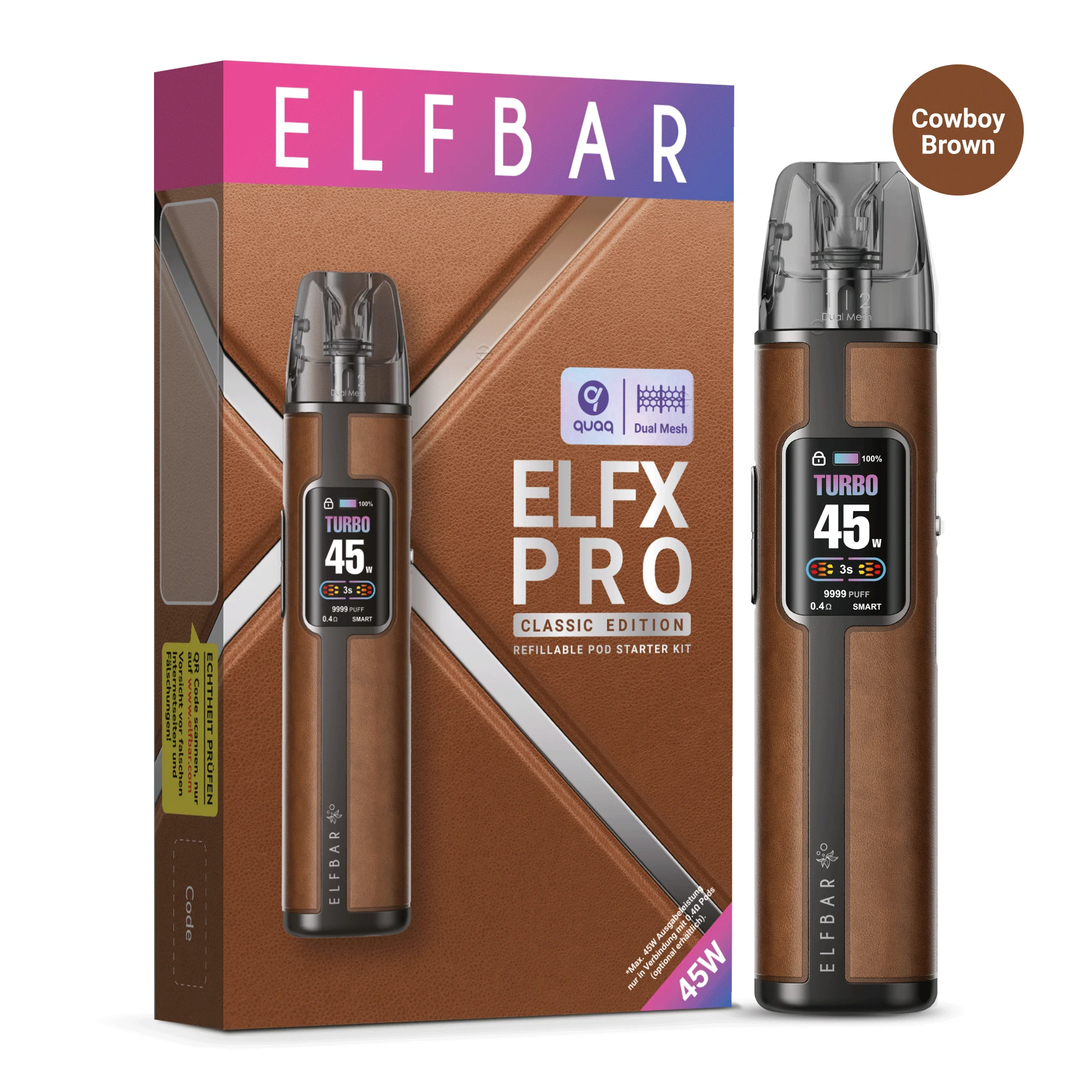 ElfBar ELFX Pro Pod Kit in Braun mit Originalverpackung – 45 Watt Leistung, Farbdisplay und QUAQ Mesh Coil.