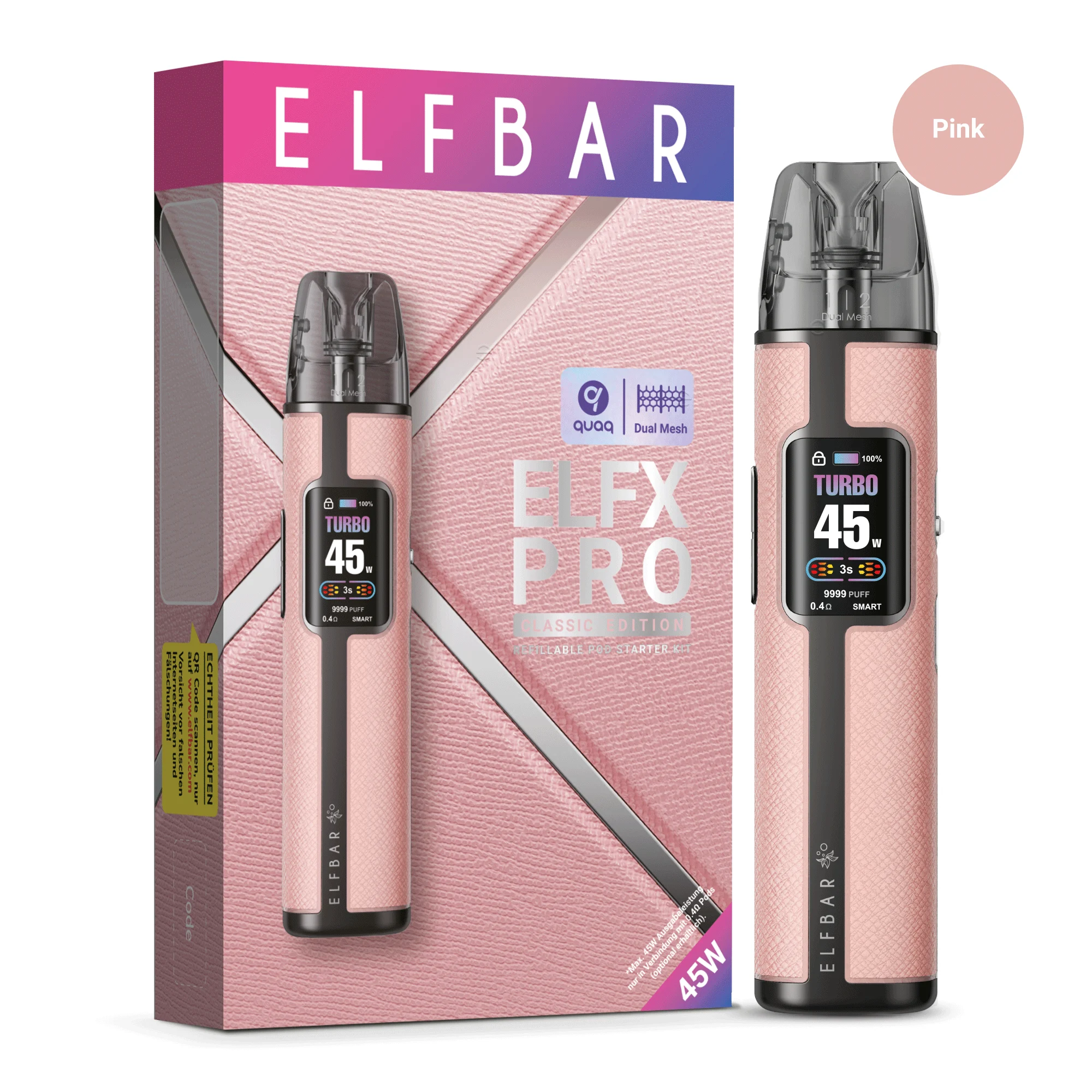 ElfBar ELFX Pro Pod Kit in Rosa mit Originalverpackung – 45 Watt Leistung, Farbdisplay und QUAQ Mesh Coil.