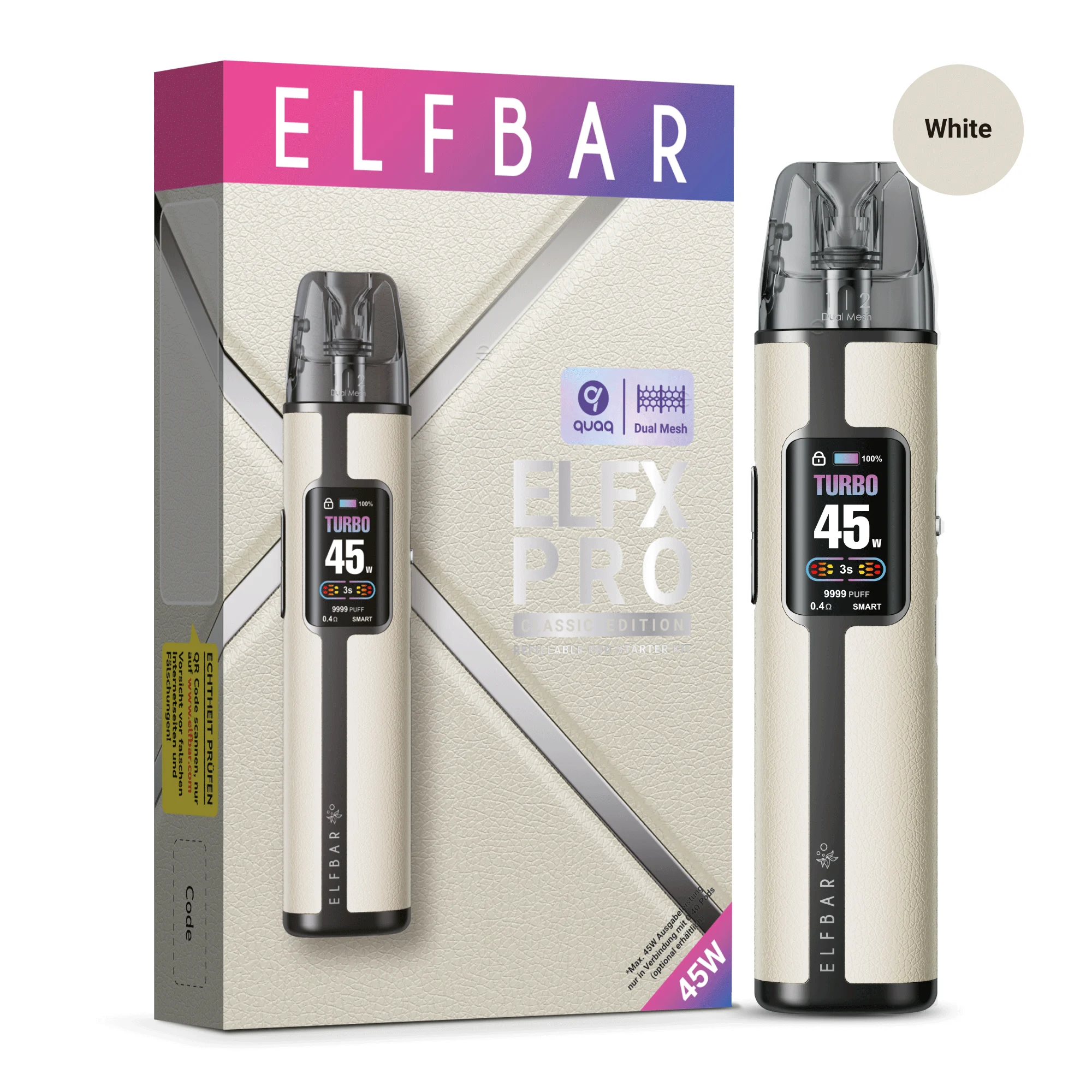 ElfBar ELFX Pro Pod Kit in Weiß mit Originalverpackung – 45 Watt Leistung, Farbdisplay und QUAQ Mesh Coil.