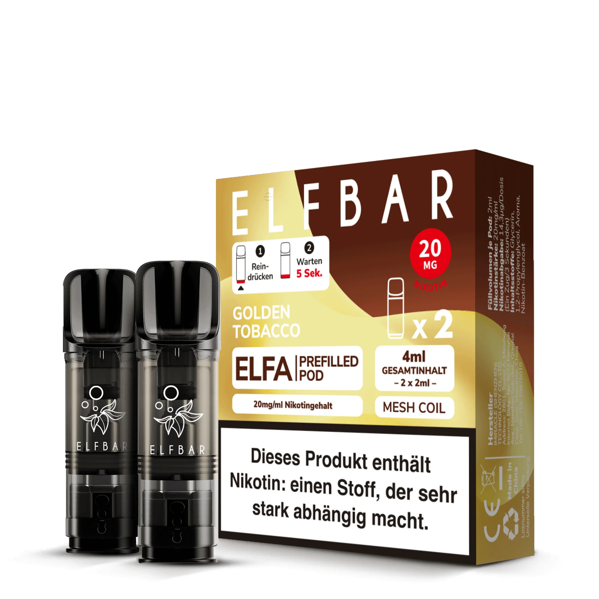 Verpackung und Pods der ElfBar ELFA Pods Golden Tobacco mit 20 mg Nikotinsalz – milder Tabakgeschmack mit rauchig-herbem Abgang.