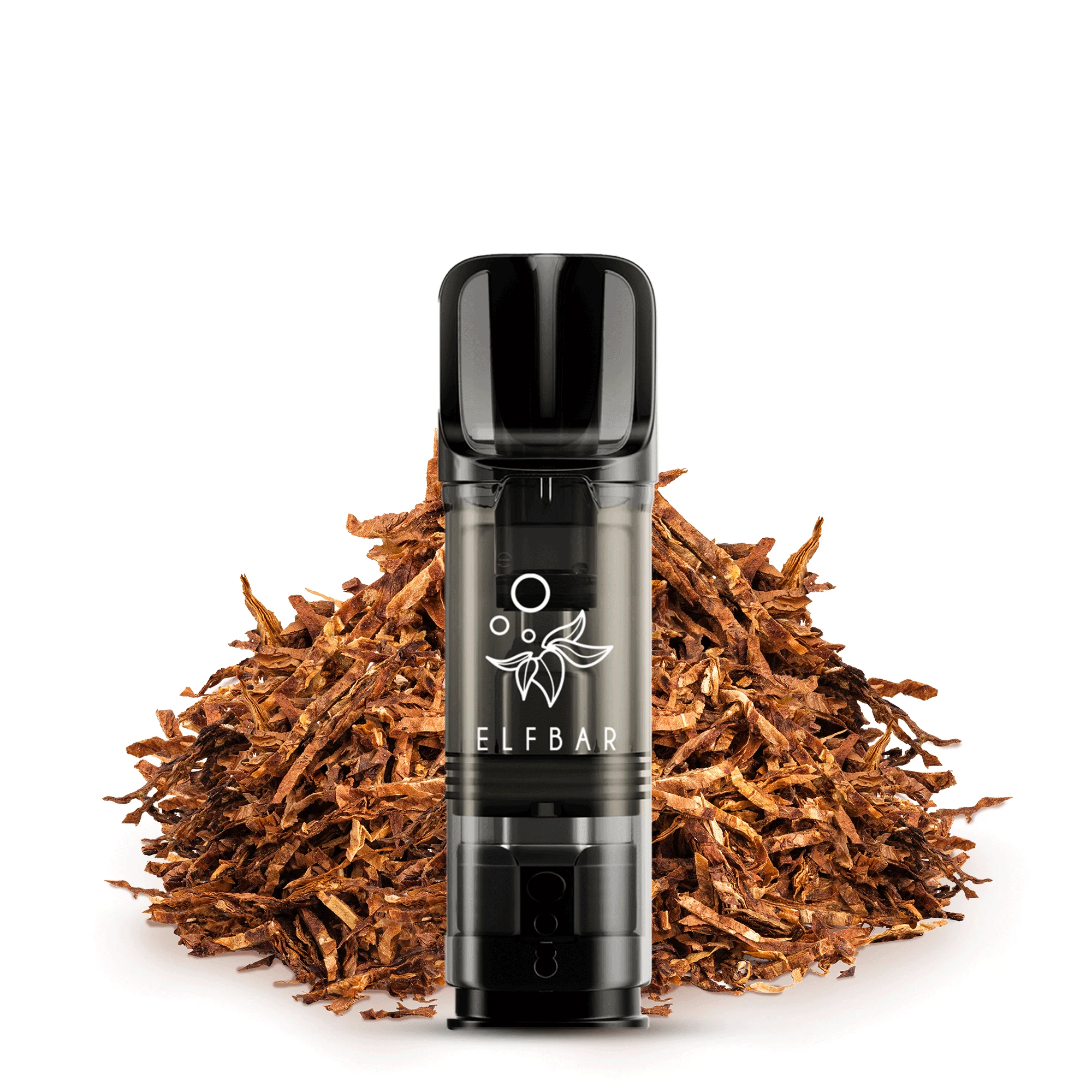 ElfBar ELFA Pods Golden Tobacco mit Tabakaroma, Pod vor einem Haufen getrockneter Tabakblätter.