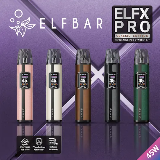 ElfBar ELFX Pro Pod Kit in fünf Farben – modernes E-Zigaretten-Starterkit mit 45 Watt Leistung und Farbdisplay.