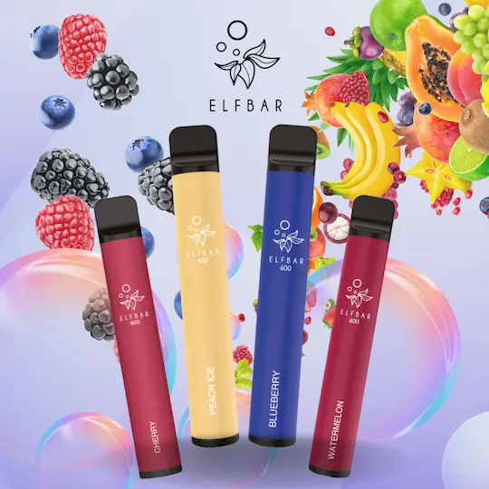 ElfBar 600 Vapes in den Sorten Cherry, Peach Ice, Blueberry und Watermelon vor einem fruchtigen Hintergrund.