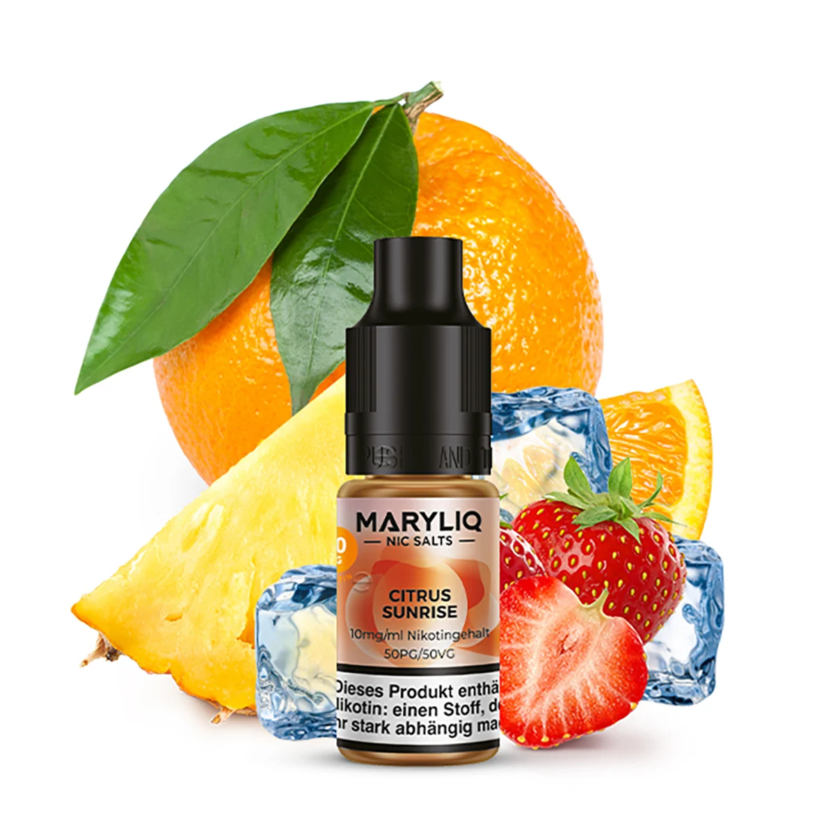 Lost Mary MARYLIQ Liquid Citrus Sunrise 10ml Flasche mit Orange, Erdbeeren, Ananas und erfrischender Eisnote.