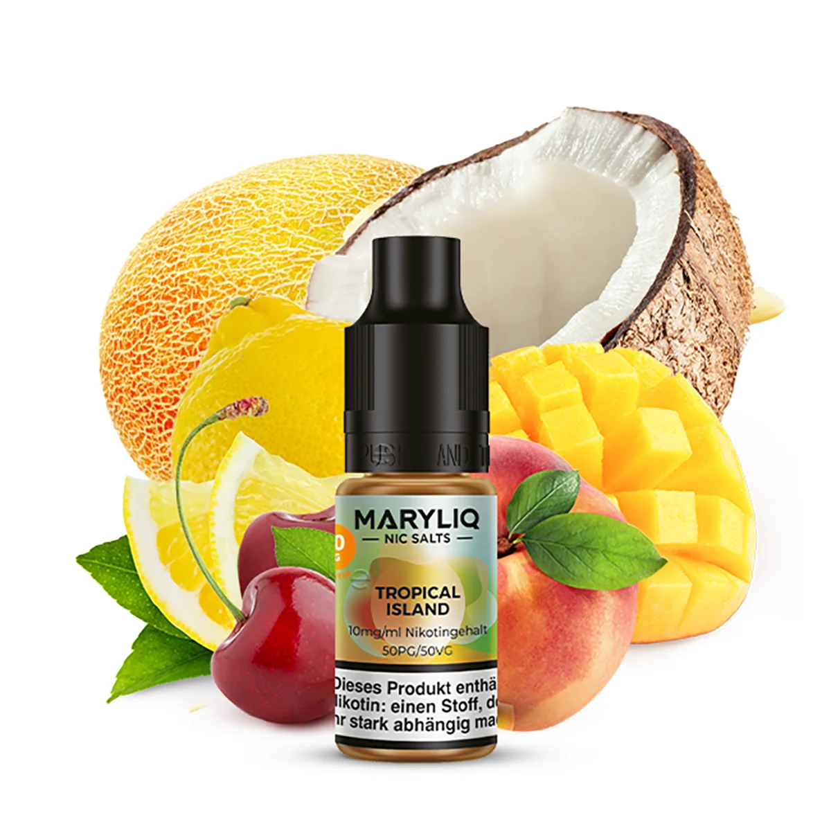 Lost Mary MARYLIQ Liquid Tropical Island 10ml Flasche mit dem Geschmack von Kirschen, Melonen, Pfirsichen, Ananas, Mangos und Kokosnüssen.
