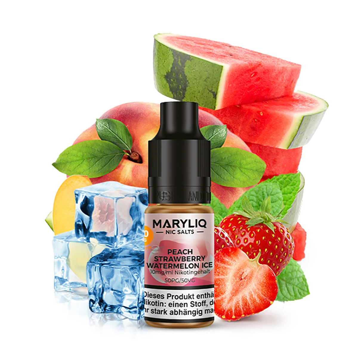 Lost Mary MARYLIQ Liquid Peach Strawberry Watermelon Ice 10ml Flasche mit fruchtig-frischem Aroma aus Pfirsich, Erdbeere und Wassermelone mit Eisnote.
