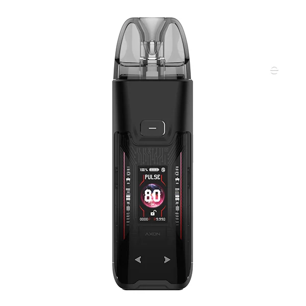 Vorderansicht des Vaporesso Luxe XR Max 2 Pod Kit in Schwarz mit Display und Pod