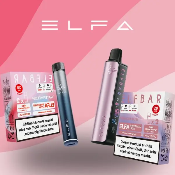 ElfBar ELFA Akkuträger und ELFA Master Akkuträger mit vorbefüllten Pods in den Sorten Watermelon und Pink Lemonade vor pinkem Hintergrund.