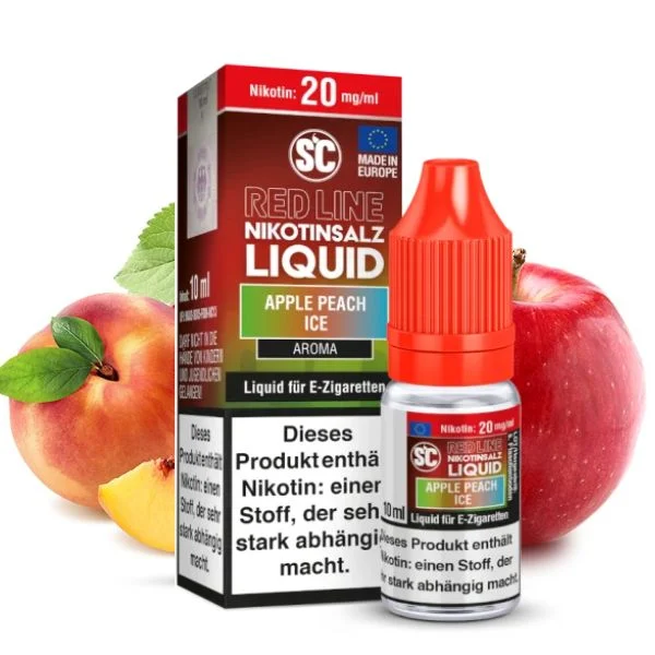 SC Red Line Apple Peach Ice Nikotinsalz Liquid 10ml mit Apfel, Pfirsich und Produktverpackung
