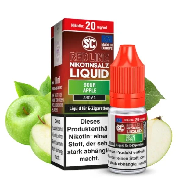 SC Red Line Sour Apple Nikotinsalz Liquid 10ml mit grünem Apfel und Verpackung