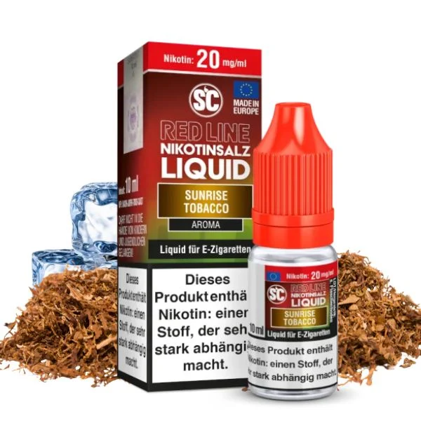 SC Red Line Sunrise Tobacco Nikotinsalz Liquid 10ml mit Verpackung und Tabakblättern