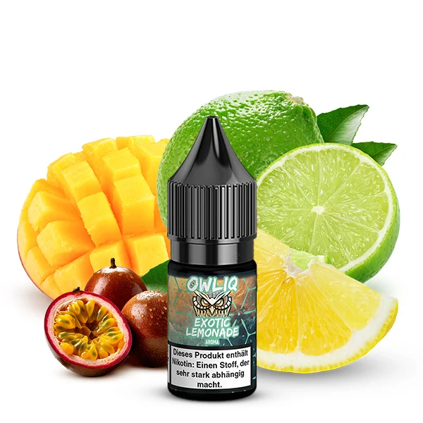 OWLIQ Exotic Lemonade Nikotinsalz Liquid Flasche mit Mango, Passionsfrucht, Zitrone und Limette im Hintergrund