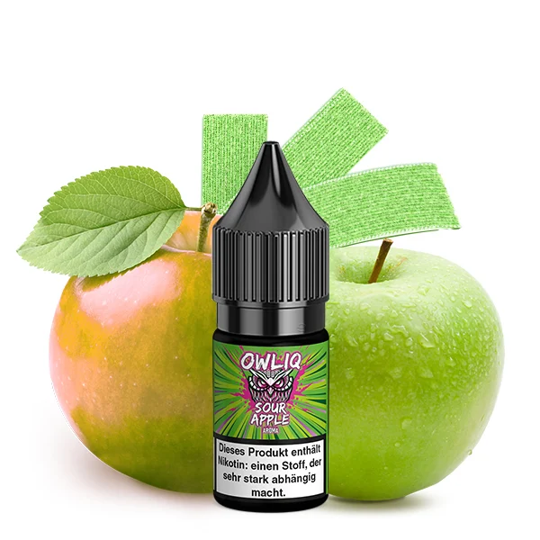 OWLIQ Sour Apple Liquid 10ml Flasche mit grünen Äpfeln und süß-sauren Drachenzungen im Hintergrund.