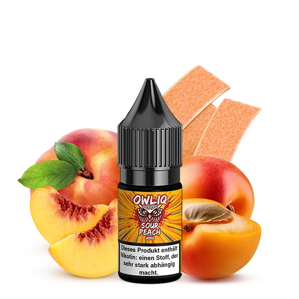 OWLIQ Sour Peach Nikotinsalz Liquid Flasche mit Pfirsichen und süß-sauren Fruchtgummistreifen im Hintergrund