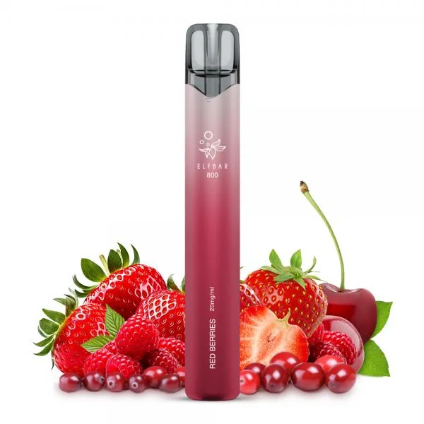 ElfBar 800 Red Berries Vape in rotem Farbverlauf mit Erdbeeren, roten Beeren und Kirsche.